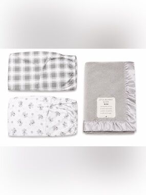 2 Cotton Fitted Crib Sheets Gray White Nursery Bedding Set + Blanket